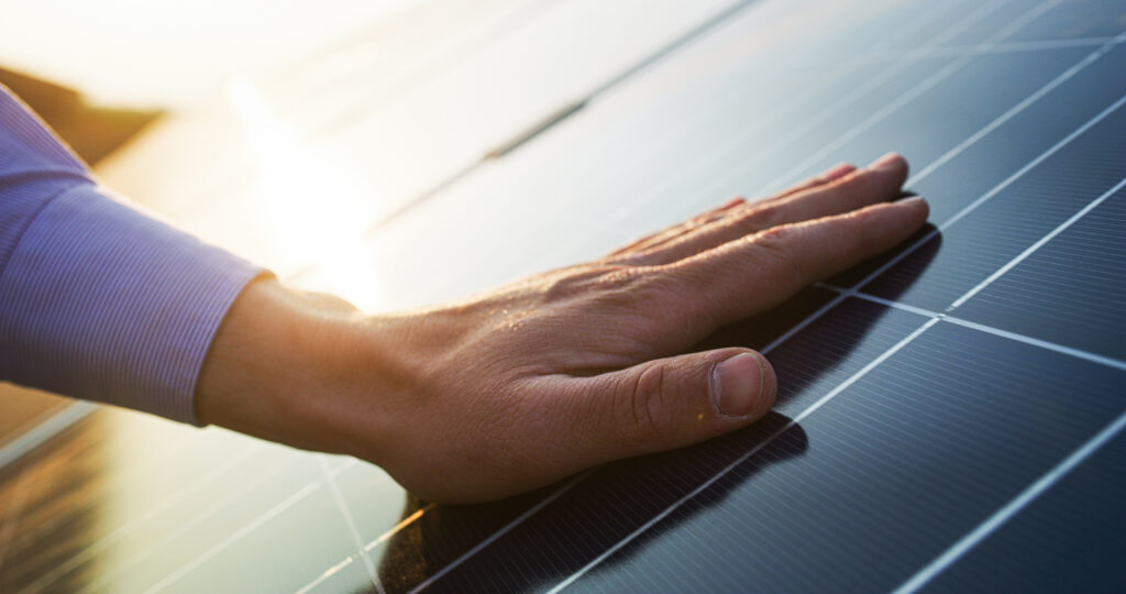 a hand on a solar panel