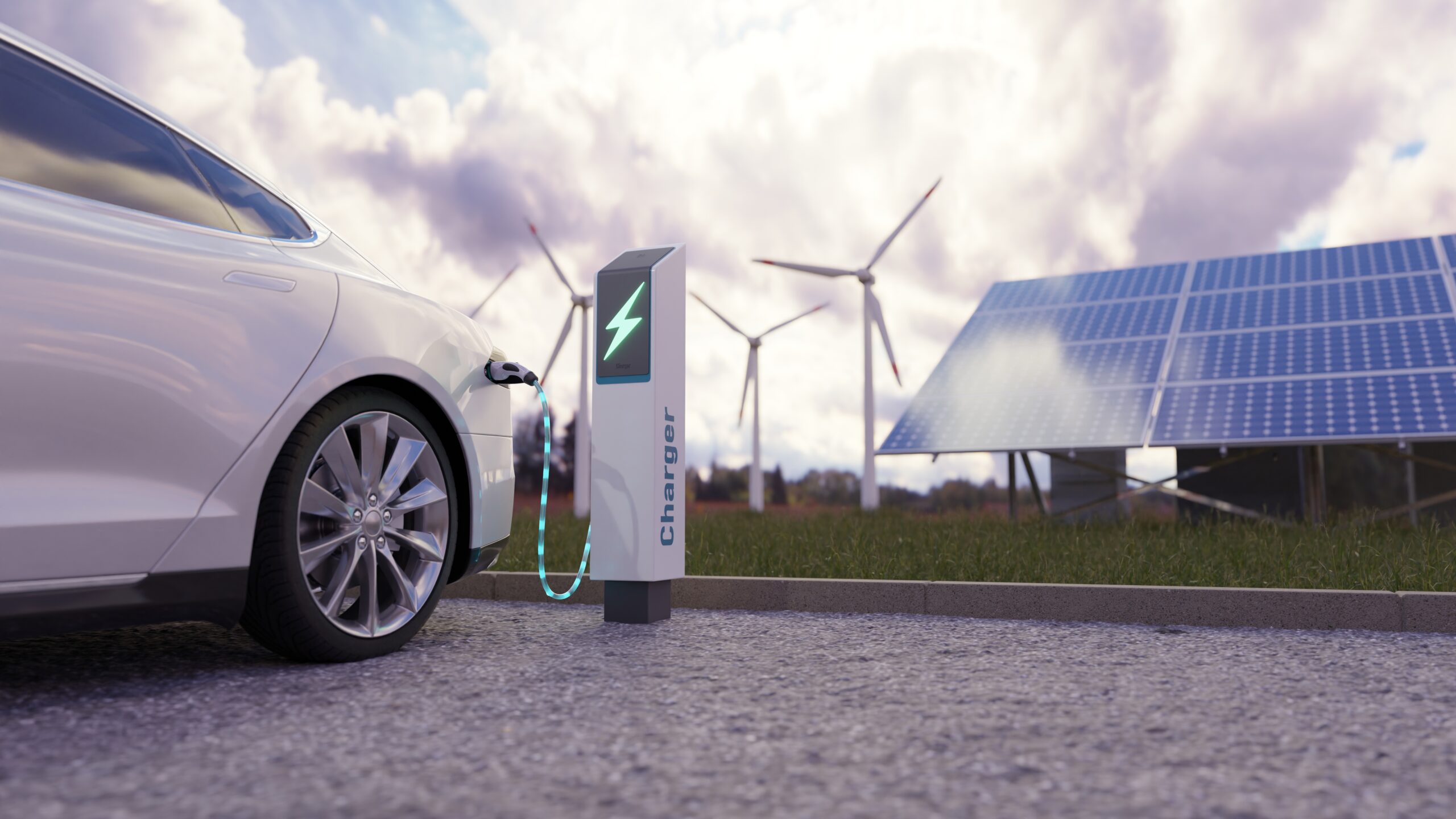 a ev charger with windmills in the background, other renewable sources for energy